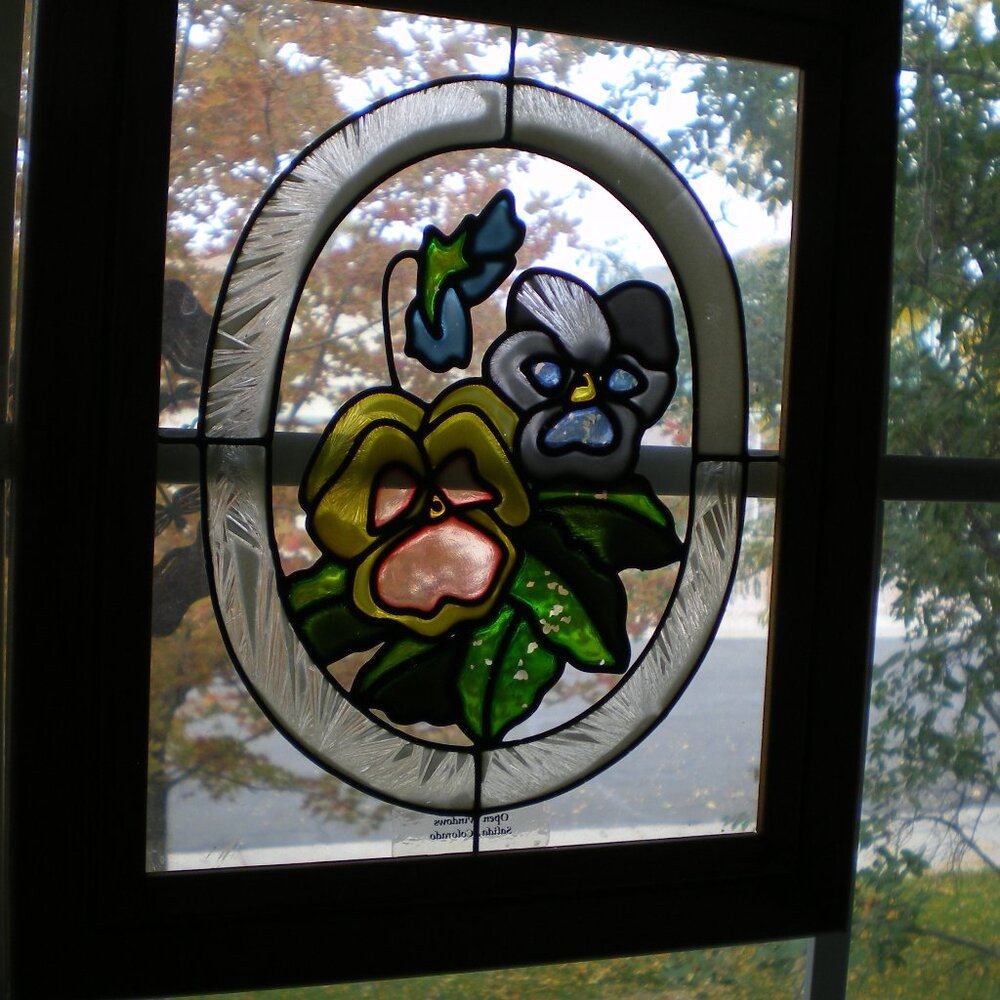Wood Framed Pansy Stained Glass